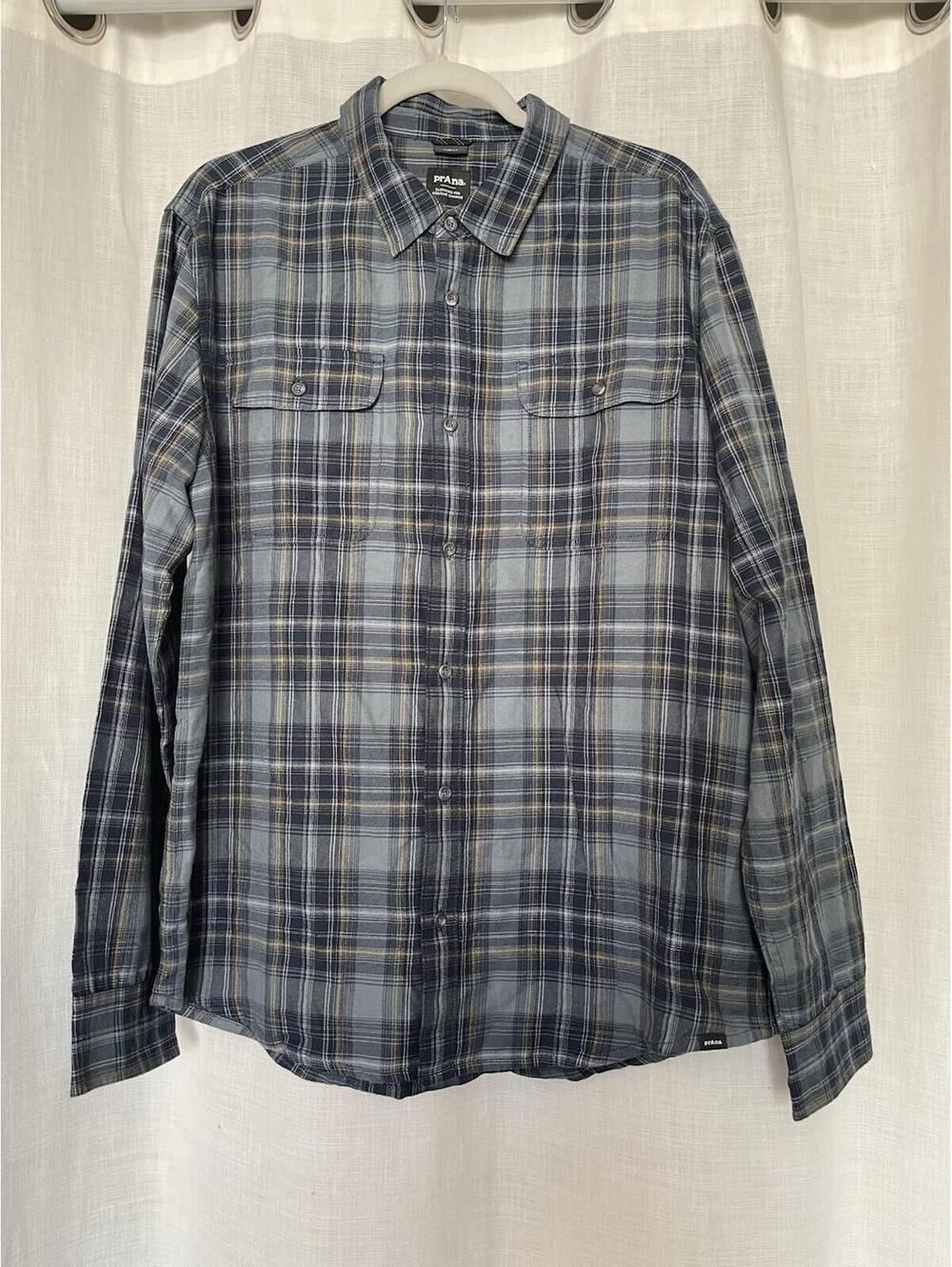 Prana Men’s Plaid Slim Fit Blue Mustard White Classic Plaid Button Down Sz Large